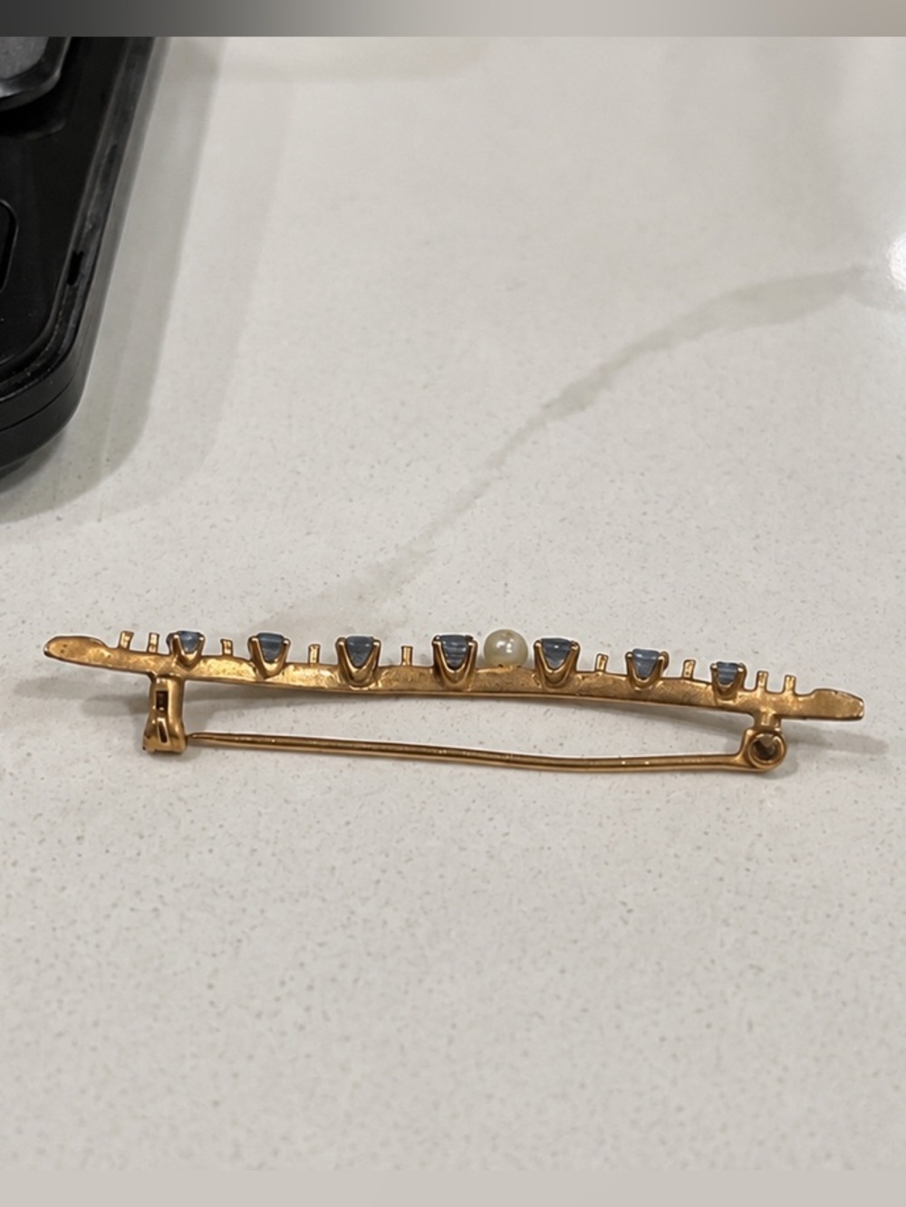 Gold-Tone Bar Brooch with Pearl and Blue Stone Accents